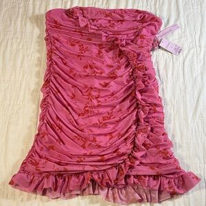 Barbiecore Pink Floral Ruched Ruffle Mini Bodycon Dress - Size Large